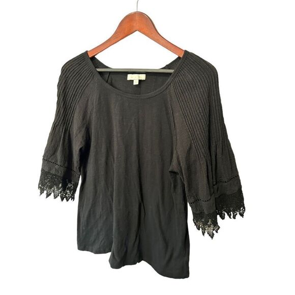 Eri + Ali Anthropologie Black Lace Detailed Knit Sleeves Size Large Fringe Boho - Picture 5 of 10